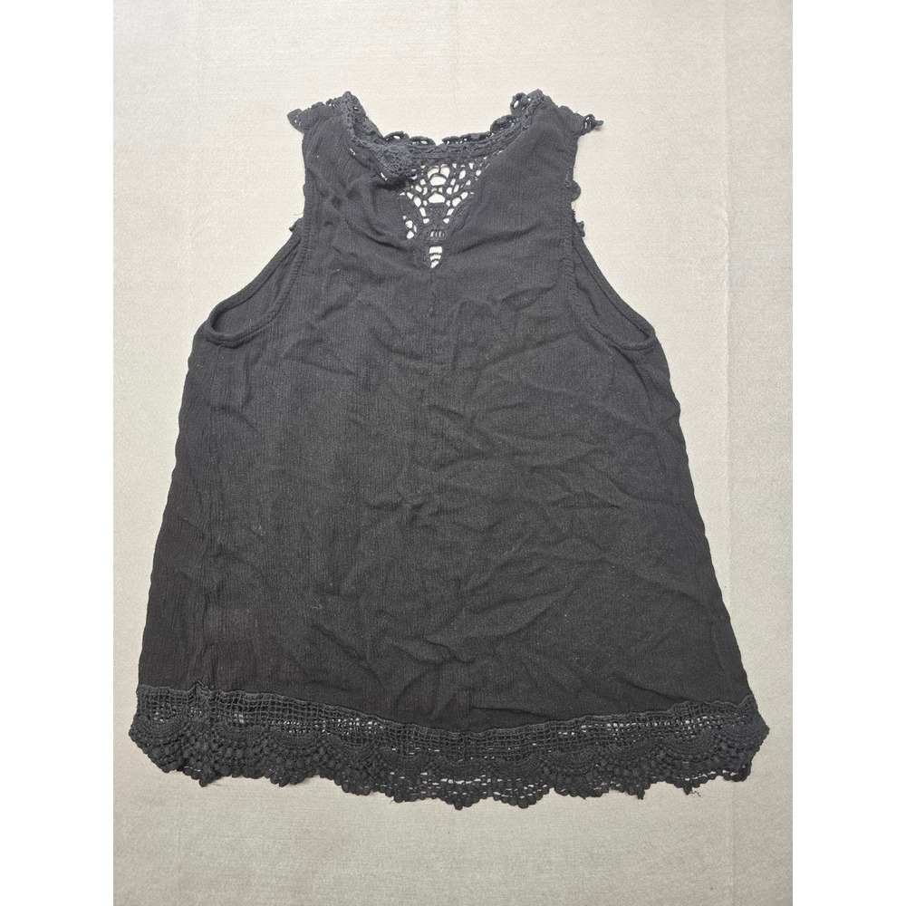 Entro Womens Black Crochet Lace Trim Sleeveless Sheer Boho Tank Top Size S